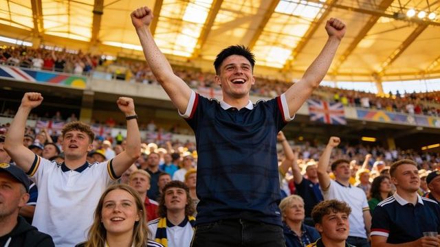 Triumphant fan raising fists and smiling in packed stadium crowd during live sports match