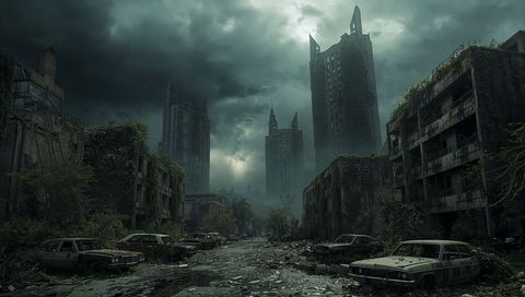 Dystopian Cityscape with Abandoned Cars and Overgrown Ruins
