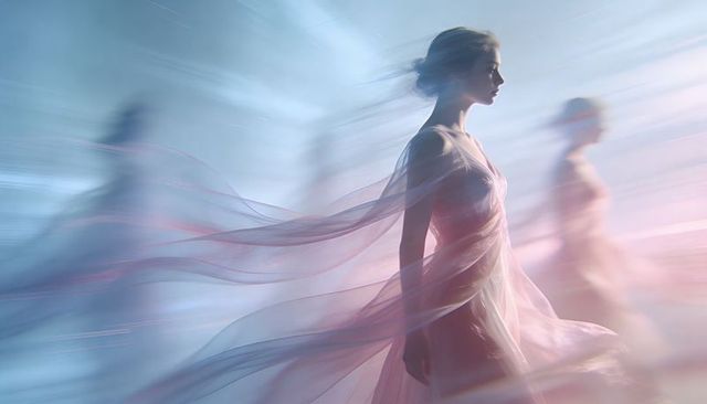 Ethereal dancer gliding through haze with flowing chiffon gowns and trailing fabrics