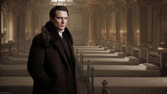 Man in Luxury Overcoat in Ornate Hall with Vintage Beds