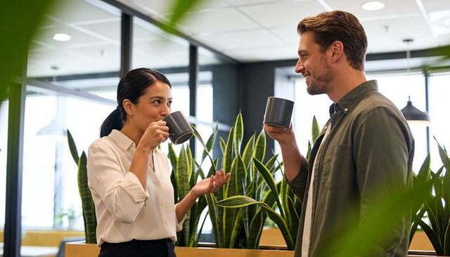 Coworkers chatting over coffee in open-plan office with snake plants and modern casual vibe