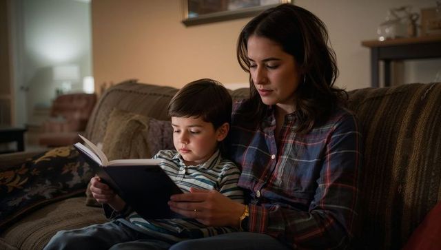Cozy evening reading woman guiding young boy through bedtime story on living room sofa