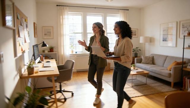 Two women collaborating in home office holding laptop, casual remote work in living room