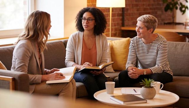 Three women collaborating in cozy office lounge discussing ideas over notebooks and coffee
