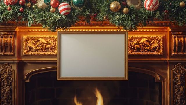 Ornate gold frame above festive fireplace with garland and ornaments
