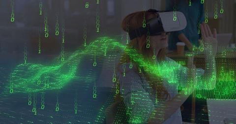 Woman Wearing VR Headset Interacting with Digital Binary World