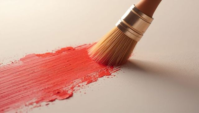 Applying round brush leaving red paint stroke on canvas closeup with metal ferrule