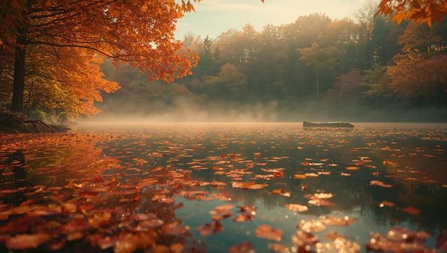 Misty autumn lake with floating maple leaves at sunrise