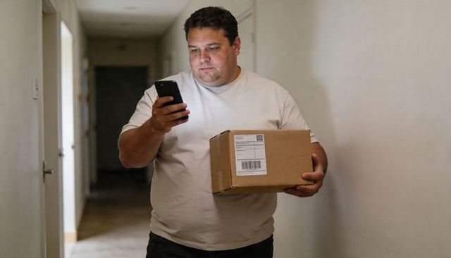 Delivery worker checking phone while carrying parcel in residential hallway