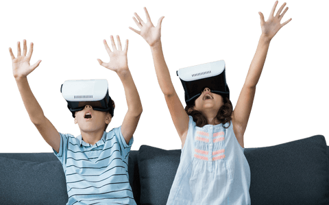 Caucasian Children Enjoying Virtual Reality on Transparent Background
