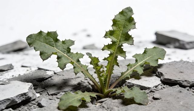 Green rosette plant pushing through cracked pavement resilience urban nature growth