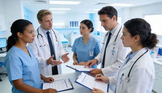Medical team reviewing patient charts during multidisciplinary clinical briefing