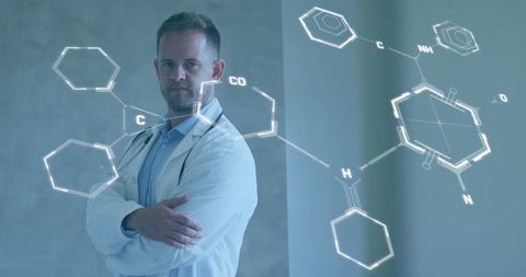 Doctor analyzing advanced chemical structures in virtual interface