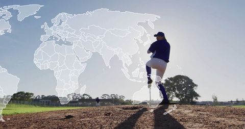 Female Baseball Pitcher on Field with World Map Overlay