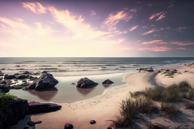 Landscape of beach with rocks over sea and blue sky, created using generative ai technology. Landscape, nature and beach concept.