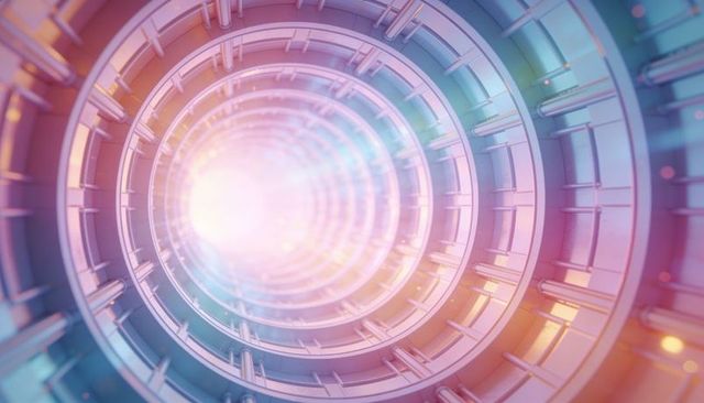 Glowing concentric tunnel drawing gaze toward central light in pastel futuristic shaft