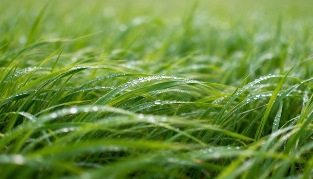 Dew-draped grass blades bending in morning light macro with soft bokeh, lush droplets