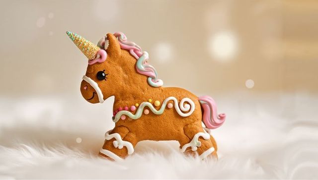 Whimsical gingerbread unicorn cookie with pastel icing, sprinkles and glitter horn on white faux fur