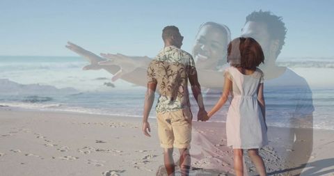 Romantic Couple Strolling Along a Serene Beach at Sunrise