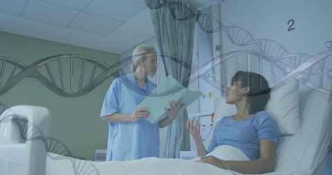 Nurse consulting patient with dna overlay symbolizing genetic counseling and tailored care