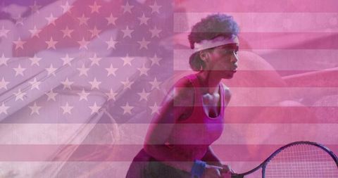 Focused Tennis Player Preparing Shot Under Patriotic USA Flag