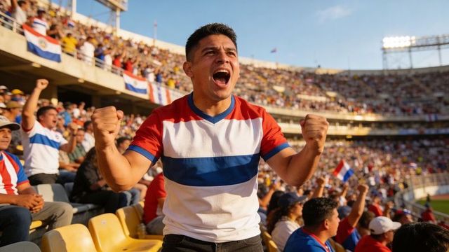 Joyful soccer fan cheering passionately in crowded stadium wearing tricolor jersey