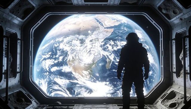 Silhouette astronaut gazing through octagonal spacecraft viewport at earthrise with debris