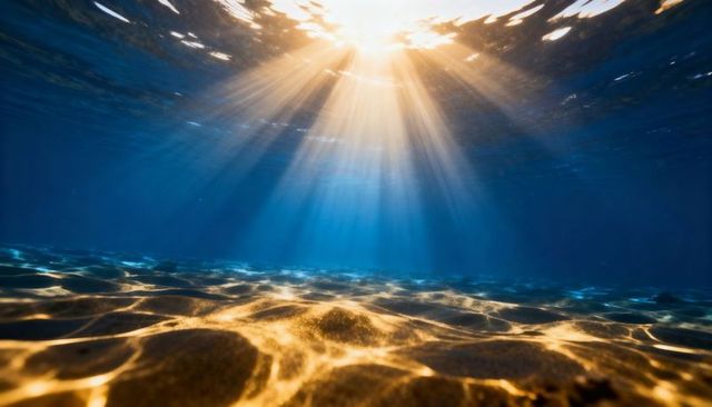 Sunbeams illuminating rippling sandy seabed with caustics and deep blue water glow