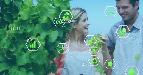 Couple Enjoying Vineyard Grapes with Eco Icon Overlays
