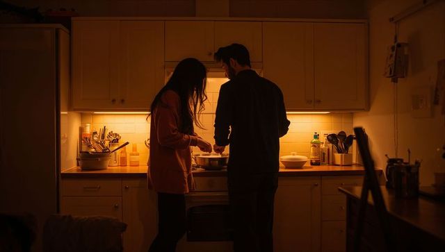 Couple cooking together in cozy kitchen under warm amber lighting