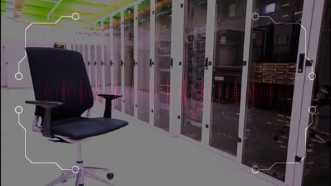 Futuristic Data Center with Chair and Digital Circuit Overlay