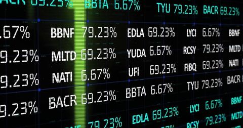 Displaying electronic stock ticker showing company codes and percentages on digital grid