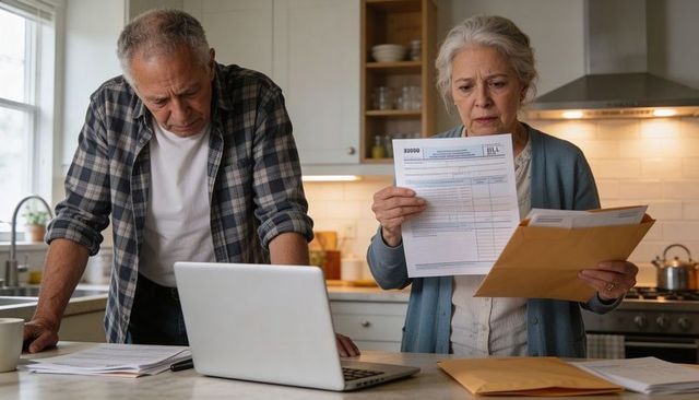 Senior couple calculating household bills at kitchen counter using laptop and envelopes