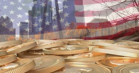 Gold coins over cityscape with us flag symbolizing wealth and investment