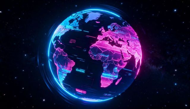 Rotating Neon Cyberpunk Globe Showing Holographic Data Streams and Digital Grid Continents