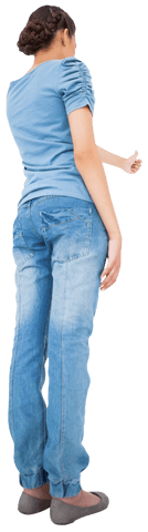 image shows biracial woman pointing with back-facing perspective, ideal for use in digital presentations, ui design projects, or promotional material that emphasize user interaction and inclusivity in tech. the transparent background enables easy integration into various design needs, adding flexibility to marketing and educational content.