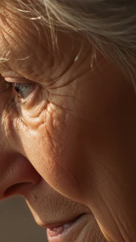 Senior Man Blinking and Shedding Tear in Soft Gray Room Vertical Video Conveying Sorrow