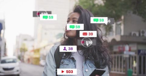 Urban woman using smartphone with floating social media notifications and engagement icons