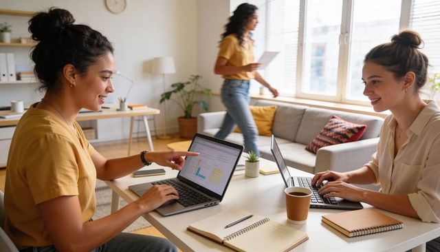 Two women collaborating on laptops in bright home office pointing at charts and taking notes