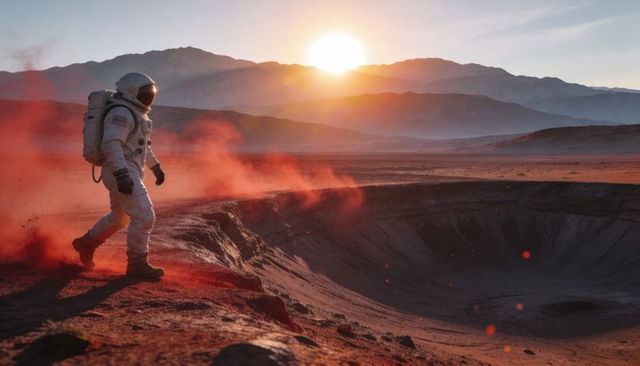 Walking suited astronaut exploring crater rim at Martian sunset with red dust plume