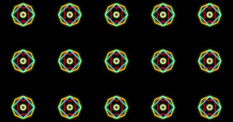 Colorful Neon Kaleidoscope Geometric Pattern on Black Background