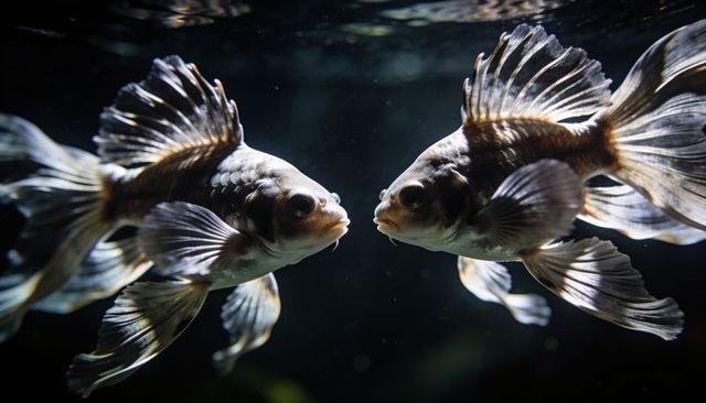 Two black and silver fantail goldfish swimming and facing each other in dark aquarium