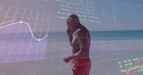 Man on Beach Analyzed Through Financial Data Overlay