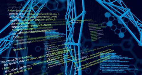 Rotating neon wireframe lattice with streaming code in cyberspace futuristic ai concept