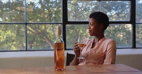 Woman Enjoying Glass of Rosé Wine by Window - Download Free Stock Images Pikwizard.com