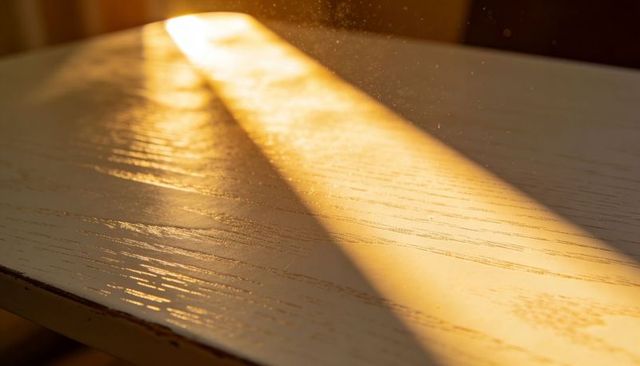 Sunlit white wooden tabletop catching dust motes and warm diagonal sunbeam closeup