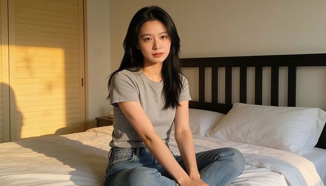 Young woman sitting on bed in sunlit bedroom wearing grey tee and jeans, serene lifestyle
