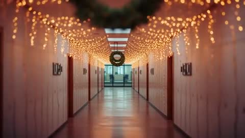 Festive Office Hallway with Hanging Lights and Wreath