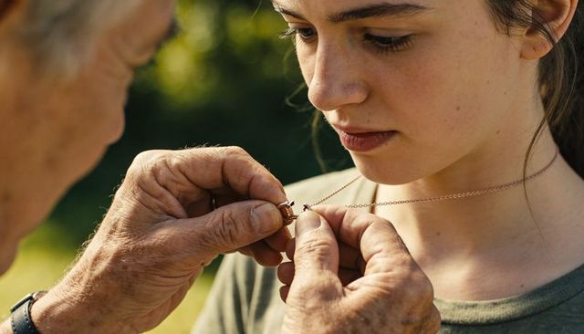 Grandparent fastening necklace for teen girl, tender multi-generational moment outdoors