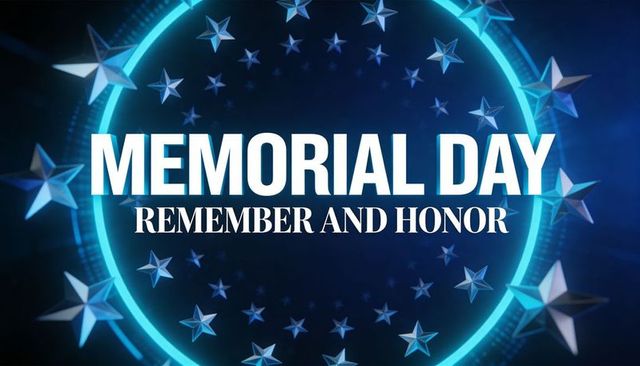 Memorial day remember and honor banner with glowing cyan star ring and navy blue glow